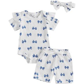 Newborn Infant Baby Girls Summer Outfit Ribbed Short Sleeve Romper + Floral Elastic Waist Shorts + Headband Sets