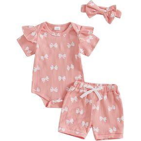 Newborn Infant Baby Girls Summer Outfit Ribbed Short Sleeve Romper + Floral Elastic Waist Shorts + Headband Sets
