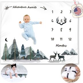 Baby Milestone Blanket for Boy, Monthly Milestone Safari Baby Blanket for Boys, Milestone Blanket Animals Theme, Baby Milestone Blanket for Baby Boy Includes Wreath, 50"x40"