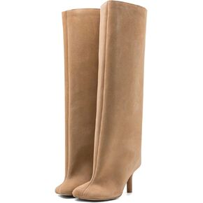 Women's Knee High Suede Boots for Women Wide Calf Square Toe Stiletto Heels Tall Boots Pull On High Heel Long Booties