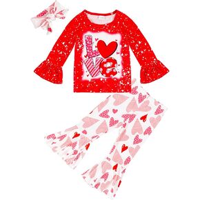 Toddler Valentines Day Outfit Girl Love Letter Print Red Long Sleeve Top Love Pattern Bell Pants 2 Piece Valentines Day Set