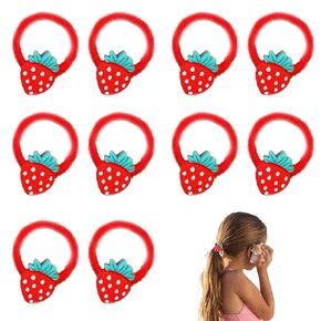 10pcs Strawberry Hair Ties, Cute Fruit Hair Ties Elastic Strawberry Rubber Bands No Damage Ponytail Holders Red Strawberry Hair Accessories Birthday Party Favors