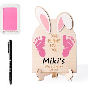 R HORSE Baby DIY Easter Footprint or Handprint Art Sign with Ink Pad, 3D Newborn Bunny Wooden Milestone with Marker Pen, Baby 1st Easter Keepsake Craft Gift Nursery Decor Photo Props for Baby Shower