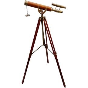 Antique Brass Telescope Leather Coverd Telescope Double Barrel Nautical Adjustable Floor Standing Wooden Tripod Home Decorative