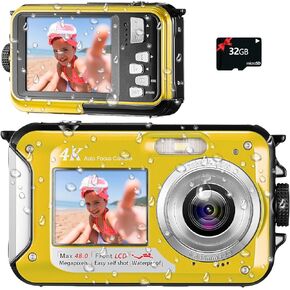 4K Waterproof Camera 11FT Underwater Camera with 32GB Card 48MP Autofocus Selfie Dual-Screen Underwater Cameras for Snorkeling, Waterproof Compact Digital Camera 1250mAh Battery（Yellow）
