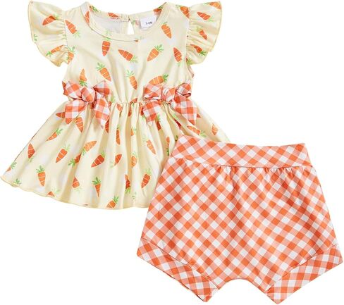 Winioder Baby Girls First Easter Outfit Ruffle Short Sleeve Babydoll Tops and Plaid Bloomers Shorts Cute Summer Clothes Sets in Saudi Arabia