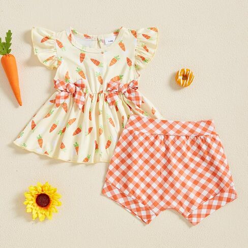Winioder Baby Girls First Easter Outfit Ruffle Short Sleeve Babydoll Tops and Plaid Bloomers Shorts Cute Summer Clothes Sets in Saudi Arabia