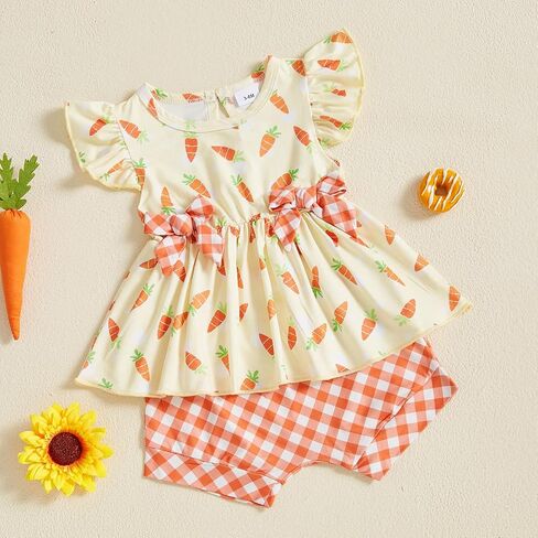 Winioder Baby Girls First Easter Outfit Ruffle Short Sleeve Babydoll Tops and Plaid Bloomers Shorts Cute Summer Clothes Sets in Saudi Arabia