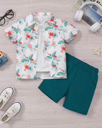 Coco&RARA Toddler Boy Clothes Baby Flamingo Hawaiian Outfits Short Sleeve Shirt + Elastic Waist Shorts Summer Beach Set in Saudi Arabia