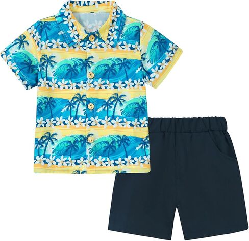 Coco&RARA Toddler Boy Clothes Baby Flamingo Hawaiian Outfits Short Sleeve Shirt + Elastic Waist Shorts Summer Beach Set in Kuwait