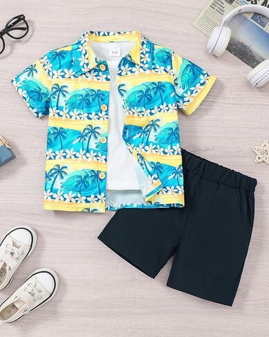 Coco&RARA Toddler Boy Clothes Baby Flamingo Hawaiian Outfits Short Sleeve Shirt + Elastic Waist Shorts Summer Beach Set in Kuwait