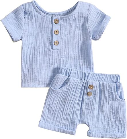 fhutpw Baby Boys 2Pcs Summer Outfits Short Sleeve T-Shirt Tops Elastic Waistband Shorts Set Toddler Clothes in Kuwait