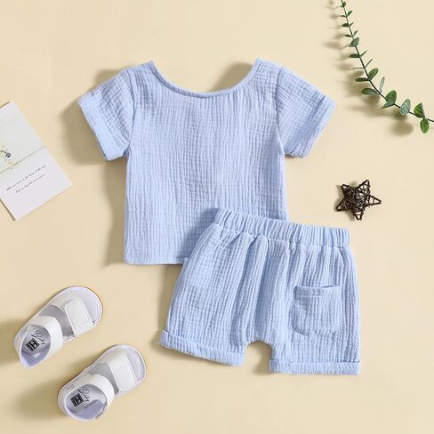 fhutpw Baby Boys 2Pcs Summer Outfits Short Sleeve T-Shirt Tops Elastic Waistband Shorts Set Toddler Clothes in Kuwait
