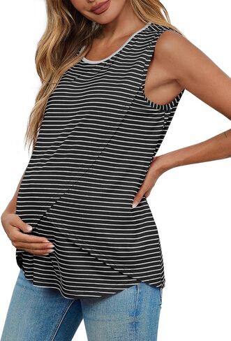 Tankaneo Womens Cross Front Maternity Tank Tops Breastfeeding Round Neck Striped Sleeveless Shirts Summer Pregnancy Clothes in Saudi Arabia