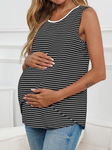 Tankaneo Womens Cross Front Maternity Tank Tops Breastfeeding Round Neck Striped Sleeveless Shirts Summer Pregnancy Clothes in Saudi Arabia