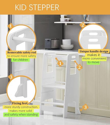 براز Kid's Wooden Step Stool ، سعة 220 رطلاً ، برجًا قائمًا على منصة قابلة للتعديل ، مع برج أمان دراسيل دراسيل للدراسة ، براز طفل صغير للحمام ، مساعد الطبخ （وايت) in Saudi Arabia