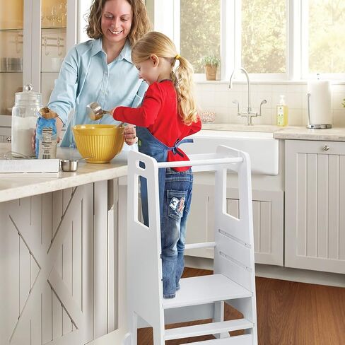 براز Kid's Wooden Step Stool ، سعة 220 رطلاً ، برجًا قائمًا على منصة قابلة للتعديل ، مع برج أمان دراسيل دراسيل للدراسة ، براز طفل صغير للحمام ، مساعد الطبخ （وايت) in Saudi Arabia