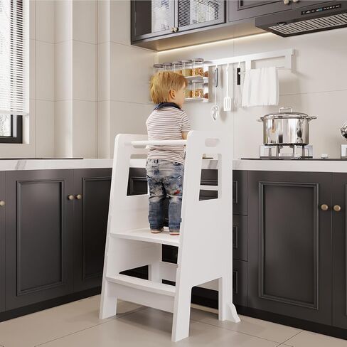 براز Kid's Wooden Step Stool ، سعة 220 رطلاً ، برجًا قائمًا على منصة قابلة للتعديل ، مع برج أمان دراسيل دراسيل للدراسة ، براز طفل صغير للحمام ، مساعد الطبخ （وايت) in Saudi Arabia