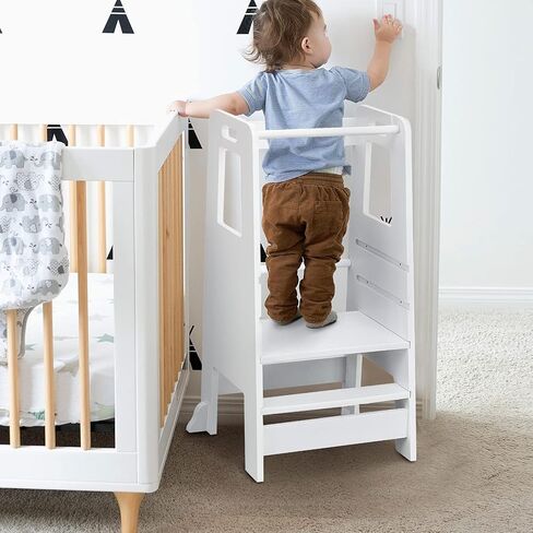 براز Kid's Wooden Step Stool ، سعة 220 رطلاً ، برجًا قائمًا على منصة قابلة للتعديل ، مع برج أمان دراسيل دراسيل للدراسة ، براز طفل صغير للحمام ، مساعد الطبخ （وايت) in Saudi Arabia