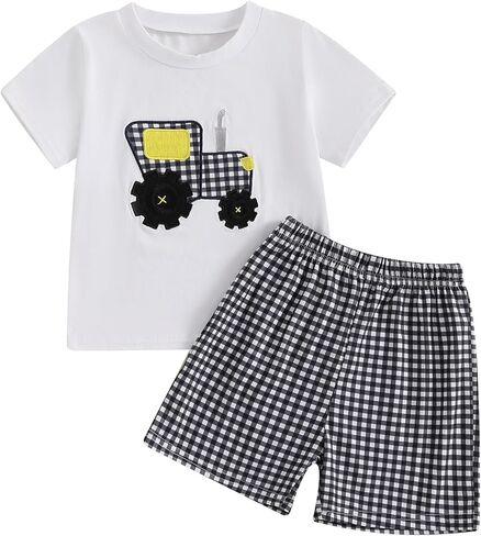 Toddler Boys Summer Clothes Funny Car Printed T-Shirt Plaid Shorts 2Pcs Little Kids Outfits Set in Saudi Arabia