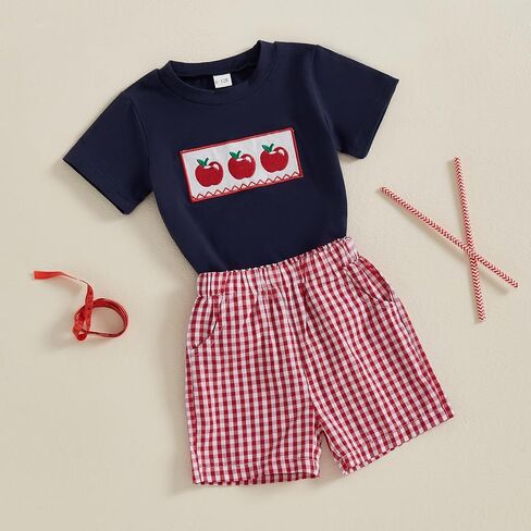 Toddler Boy Clothes Fire Engine Embroidery T-Shirt Plaid Shorts Summer Baby Boys Outfits in Saudi Arabia