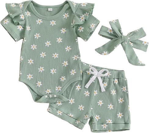 Newborn Infant Baby Girls Summer Outfit Ribbed Short Sleeve Romper + Floral Elastic Waist Shorts + Headband Sets in Kuwait