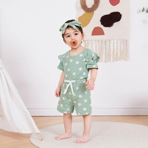 Newborn Infant Baby Girls Summer Outfit Ribbed Short Sleeve Romper + Floral Elastic Waist Shorts + Headband Sets in Kuwait