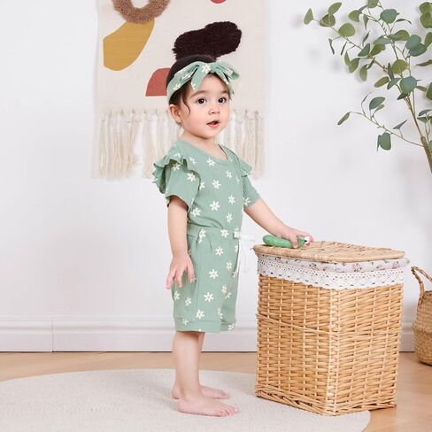 Newborn Infant Baby Girls Summer Outfit Ribbed Short Sleeve Romper + Floral Elastic Waist Shorts + Headband Sets in Kuwait