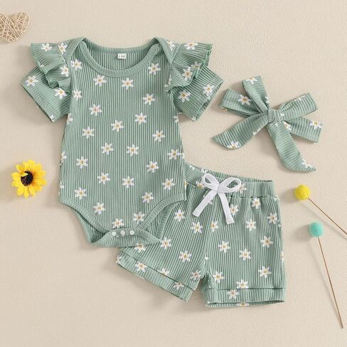 Newborn Infant Baby Girls Summer Outfit Ribbed Short Sleeve Romper + Floral Elastic Waist Shorts + Headband Sets in Kuwait