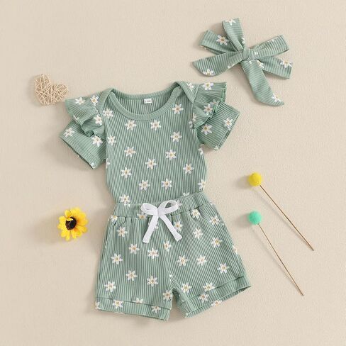 Newborn Infant Baby Girls Summer Outfit Ribbed Short Sleeve Romper + Floral Elastic Waist Shorts + Headband Sets in Kuwait