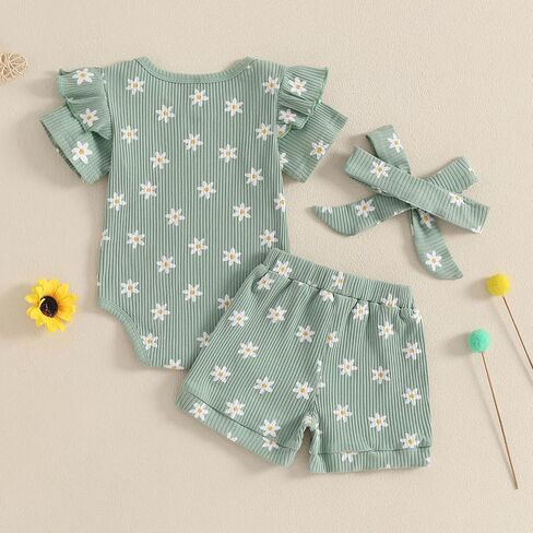 Newborn Infant Baby Girls Summer Outfit Ribbed Short Sleeve Romper + Floral Elastic Waist Shorts + Headband Sets in Kuwait