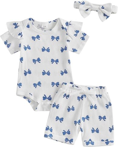 Newborn Infant Baby Girls Summer Outfit Ribbed Short Sleeve Romper + Floral Elastic Waist Shorts + Headband Sets in Kuwait