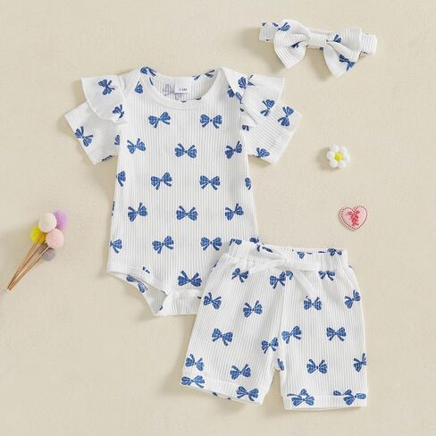 Newborn Infant Baby Girls Summer Outfit Ribbed Short Sleeve Romper + Floral Elastic Waist Shorts + Headband Sets in Kuwait