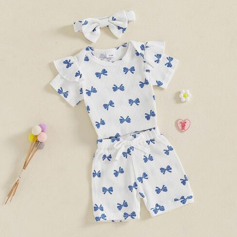 Newborn Infant Baby Girls Summer Outfit Ribbed Short Sleeve Romper + Floral Elastic Waist Shorts + Headband Sets in Kuwait