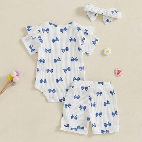 Newborn Infant Baby Girls Summer Outfit Ribbed Short Sleeve Romper + Floral Elastic Waist Shorts + Headband Sets in Kuwait