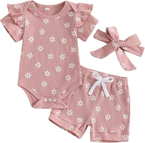 Newborn Infant Baby Girls Summer Outfit Ribbed Short Sleeve Romper + Floral Elastic Waist Shorts + Headband Sets in Kuwait