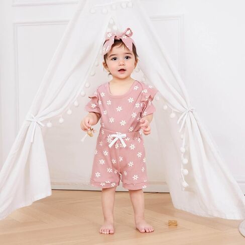 Newborn Infant Baby Girls Summer Outfit Ribbed Short Sleeve Romper + Floral Elastic Waist Shorts + Headband Sets in Kuwait