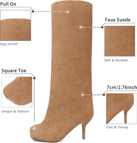 Women's Knee High Suede Boots for Women Wide Calf Square Toe Stiletto Heels Tall Boots Pull On High Heel Long Booties in Saudi Arabia