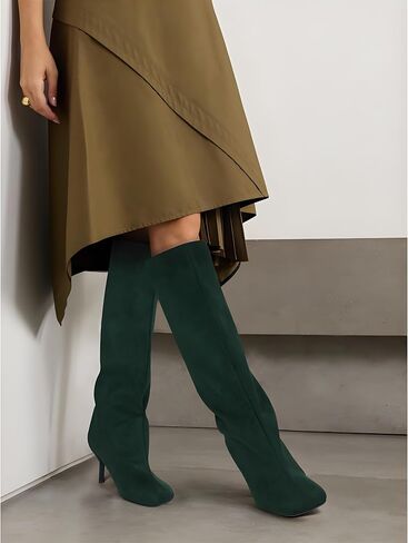 Women's Knee High Suede Boots for Women Wide Calf Square Toe Stiletto Heels Tall Boots Pull On High Heel Long Booties in Saudi Arabia