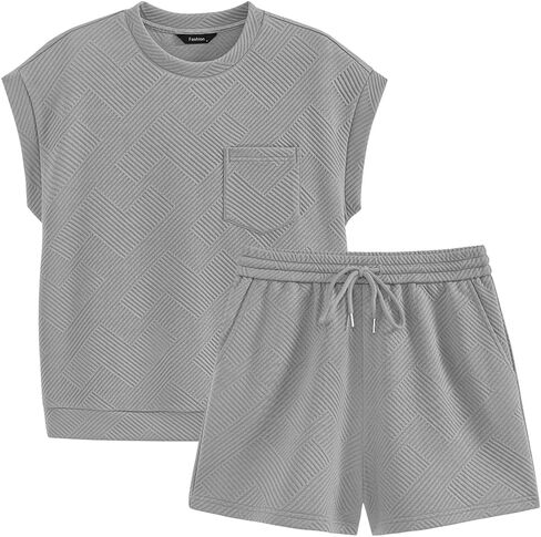 PRETTYGARDEN Women's Summer 2 Piece Outfits Casual Tracksuit Short Sleeve Shirts And Drawstring Shorts Matching Lounge Sets in Saudi Arabia