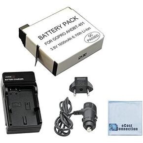 Battery for GoPro HERO4 Silver and Black Edition, 1600 mAh + Home/Car Charger + eCostConnection Microfiber Cloth, AHDBT-401