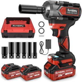 Sundpey Cordless Impact Wrench 600Ft-lbs(800N·m) - 21V 1/2" Brushless Impact Driver with 2 * 4.0Ah Batteries - 2600RPM Cordless Impact Gun for Lug Nuts with 6 Sockets & Fast Charger & Tool Case