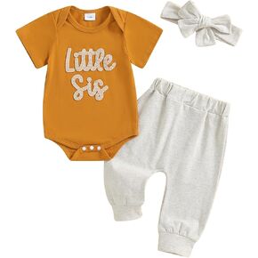 Little Sister Newborn Outfit Baby Girl Letter Embroidered Romper+Pants 3Pcs Layette Set Newborn Coming Home Outfit