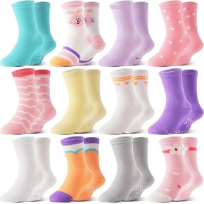 Baby Girls Toddlers Grips Socks Kids Non Slip Anti Skid Funny Animal Cartoon Gift Cotton Socks with Grippers 12 Pairs Stocking Stuffers(Cartoon Colorful,5-8Y)