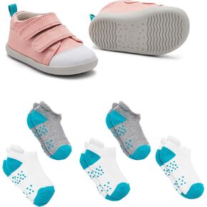 Ten Little First Walker Kids’ Shoes & Ankle Socks Bundle for Baby & Toddler Boys & Girls, Rose Pink Shoe Size 5.5, Ankle Socks with Non-Skid Grips 5 Pk