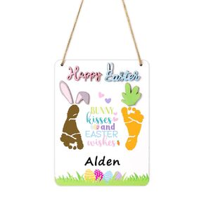 R HORSE Baby's First DIY Easter Footprint Wooden Hanging Sign with Marker Pen, 3D Bunny Carrot Baby's 1st Easter Art Wood Milestone Footprint Art Craft Decor Newborn Photo Props