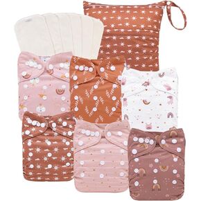 babygoal Reusable Charcoal Cloth Diapers with Double Gussets, 6 Pack Washable Baby Pocket Diapers with 6pcs Charcoal Inserts and Wet Dry Bag(Chick,Deer,Dinasaur)