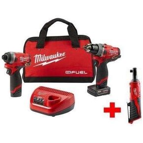 Milwaukee M12 FUEL 12-Volt Li-Ion Brushless Cordless Hammer Drill and Impact Driver Combo Kit (2-Tool) W/Free M12 3/8 in. Ratchet
