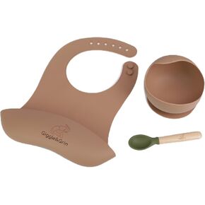Giggle&Grin Silicone Baby Feeding set - Caramel with Green Spoon/Caramel Feeding Suction Bowl/Caramel Silicone Bib/Wooden spoon with Caramel? 6-12 Month