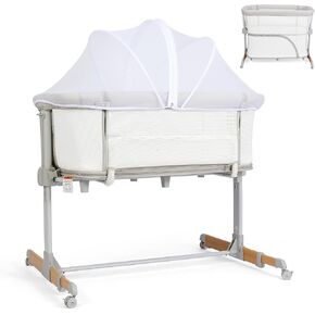 Baby Bassinet Bedside Sleeper Playpen 3 in 1, Arms Reach Co Sleeper Attach to Parents Bed with Wheels, Mattress Included, All Mesh Breathable, Adjustable Height for 0-18 Months, Baby Registry